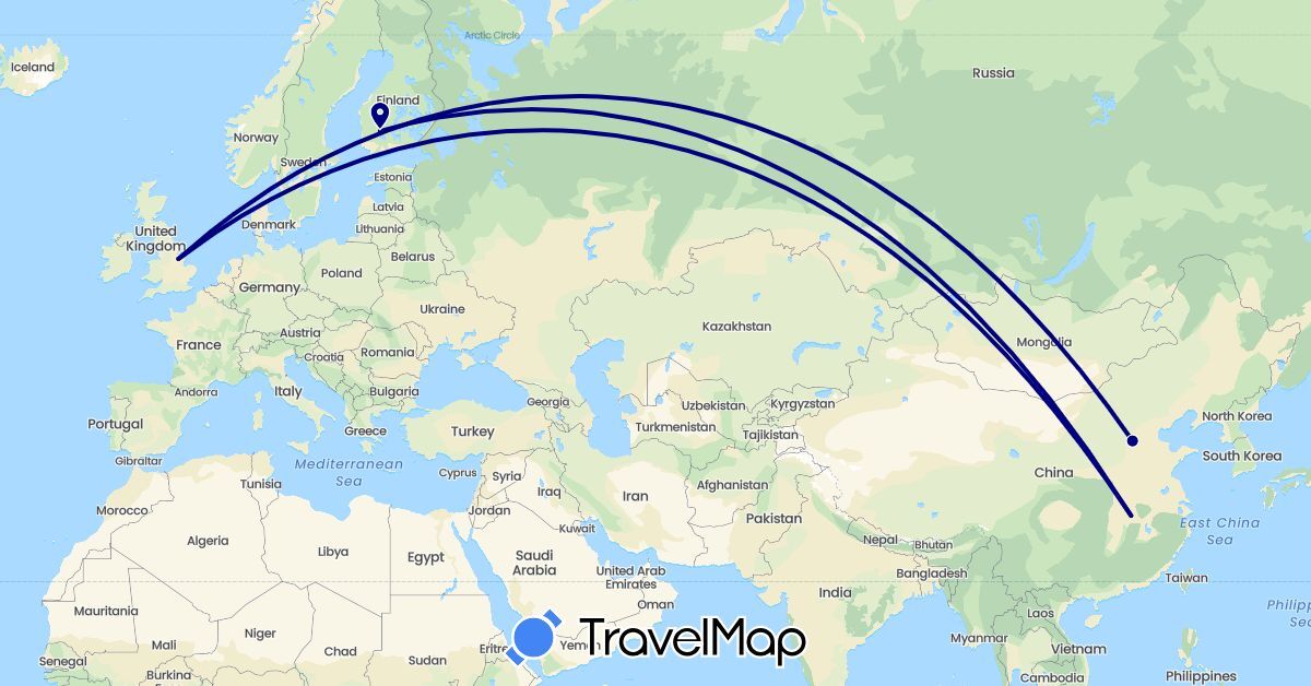 TravelMap itinerary: driving in China, Finland, United Kingdom (Asia, Europe)